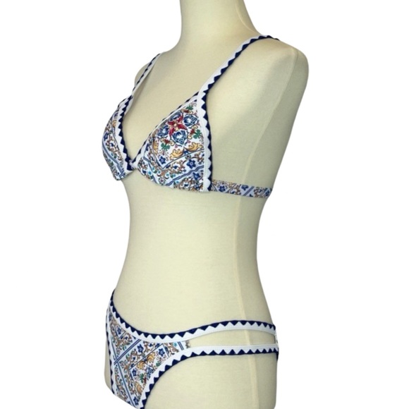 Boho White & Blue Floral Bandage Bikini with Rickrack - Picture 10 of 14